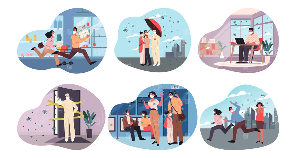 مفهوم کروناویروس: سلامت، مراقبت، حفاظت، قرنطینه و عفونت. مجموعه‌ای از مردم با ماسک‌های پزشکی در حال خرید انبوه دستمال کاغذی و کار از راه دور در مترو.