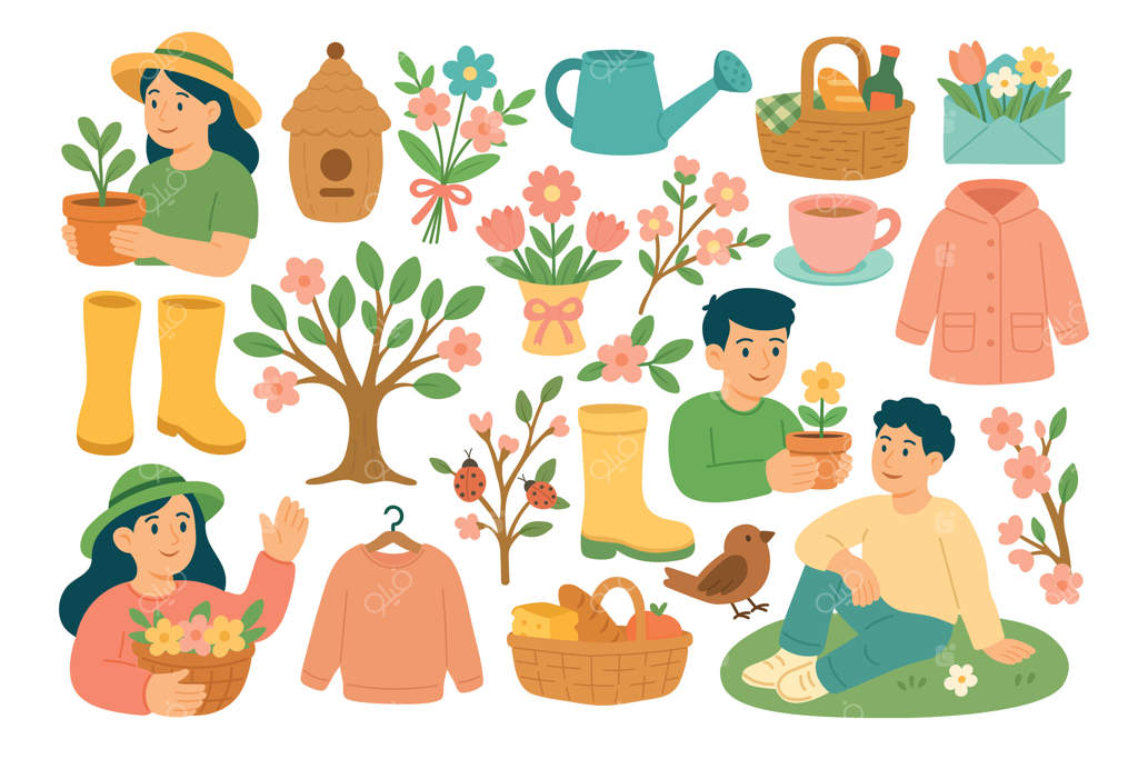 تصاویر بهاری رنگارنگ با افراد، گل‌ها، لباس‌ها، خوراکی‌ها، پرندگان و عناصر باغی.