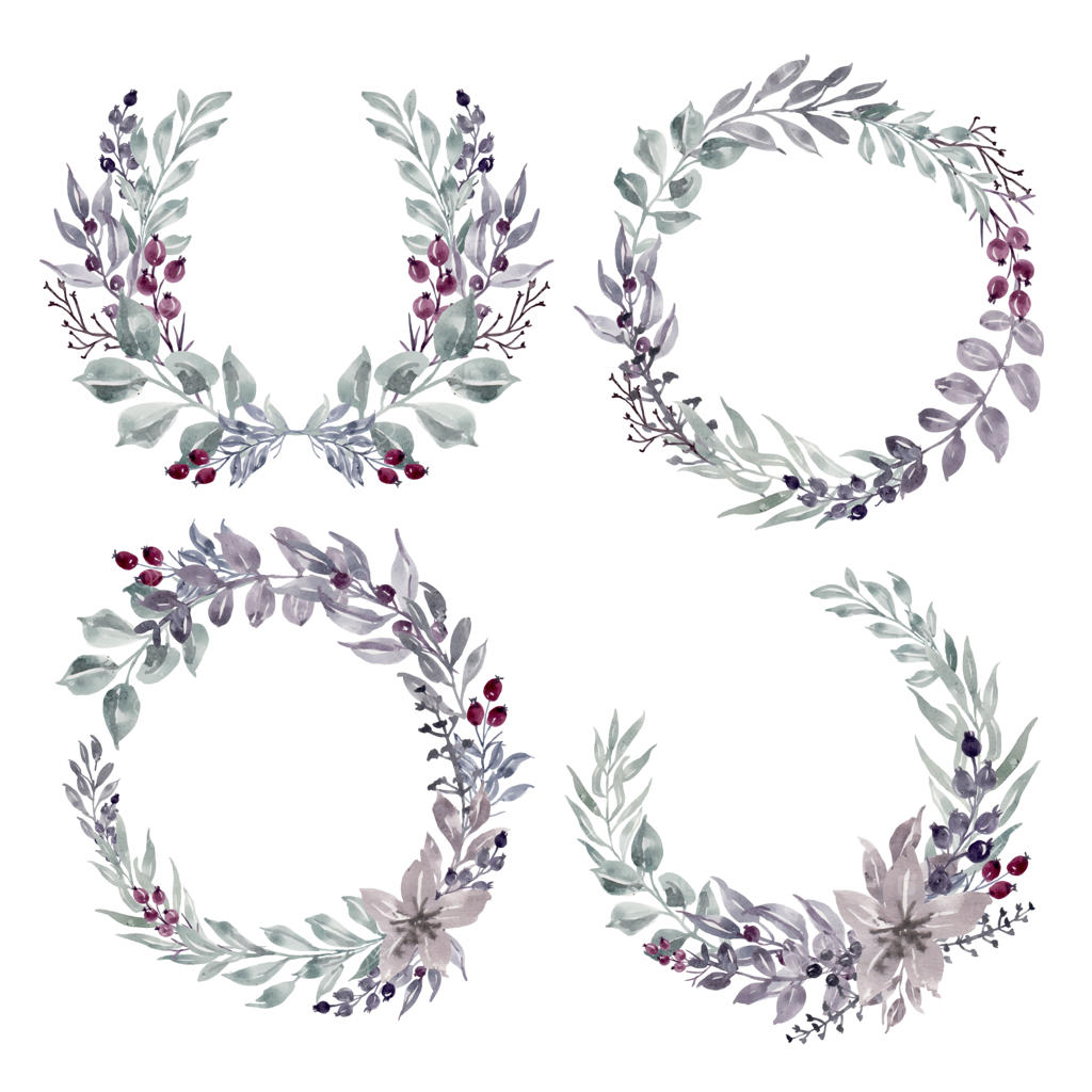 دسته گل زمستانی آبرنگی با برگ و توت‌ها