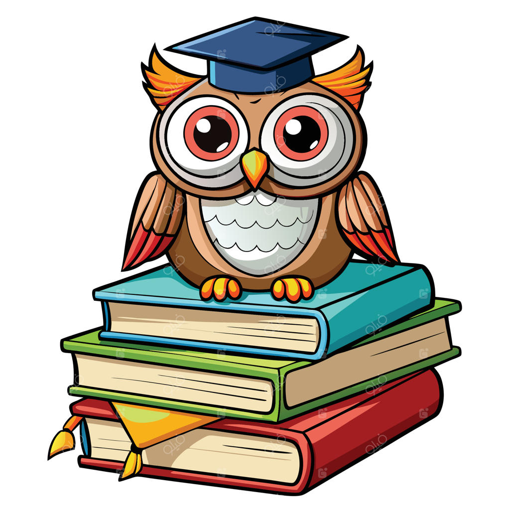 جغد دانا با کلاه فارغ‌التحصیلی نشسته بر روی دسته‌ای از کتاب‌ها
