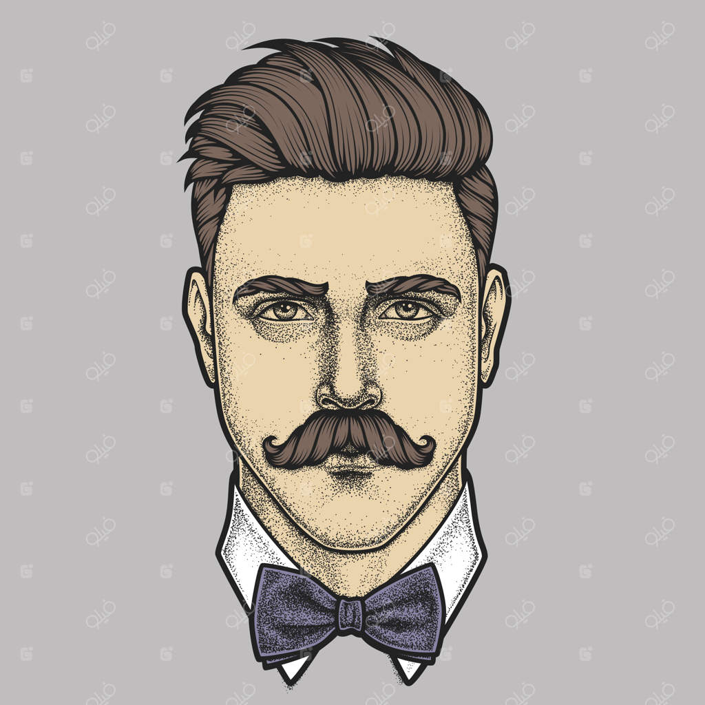 پرتره دستی مرد سبیلو به صورت تمام‌رخ. تصویرسازی.