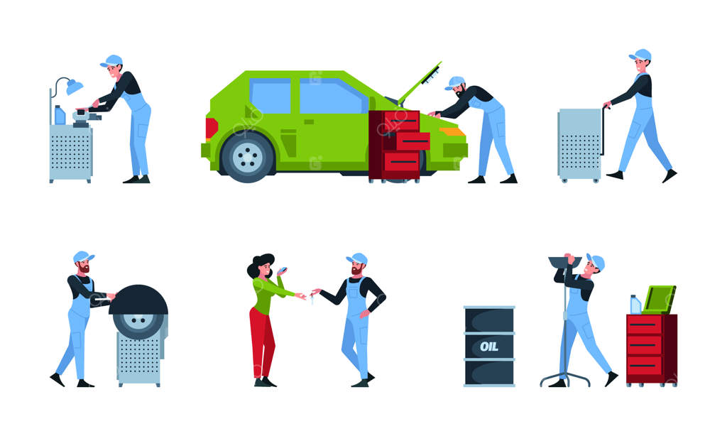 شخصیت‌های اتوسرویس: کارگران در حال تعمیر خودرو، مکانیک در حال تعویض چرخ‌ها، خدمات خودرو، تصاویر وکتور پر زرق و برق و مسطح