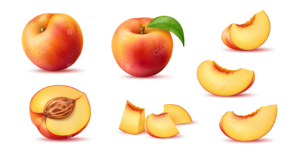 میوه هلو رسیده واقعی: نصفه، کامل و برش‌خورده