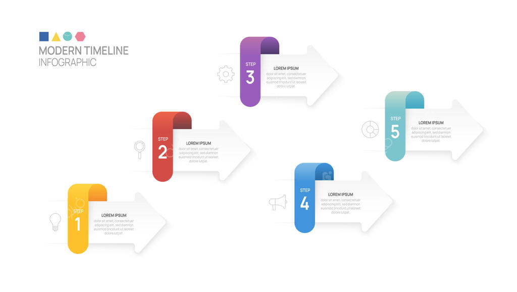 عناصر اینفوگرافیک مدرن با ۵ مرحله، فلش و آیکون - قالب زمانی کسب‌وکار.