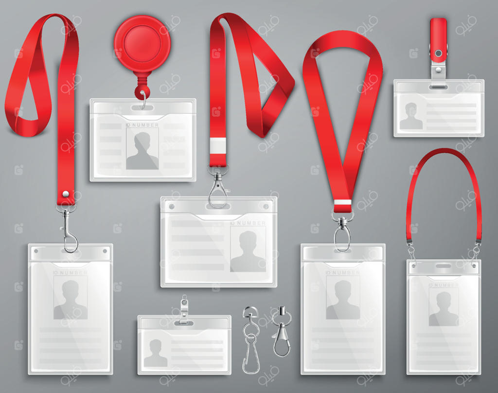 مجموعه کارت‌های شناسایی واقع‌گرایانه با بند قرمز و گیره‌های مختلف - تصویر وکتور