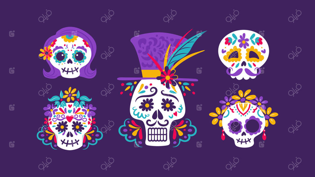 تصویری برای جشن روز مرگ با جمجمه‌های شکری تزئین‌شده با طرح‌های گل‌دار و رنگ‌های زنده، نمادی از زندگی و یادآوری.