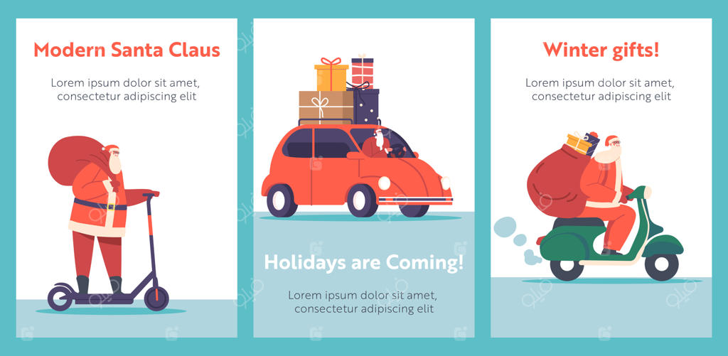 پستچی کریسمس با وسایل نقلیه مختلف: بابانوئل روی اسکوتر، دوچرخه، ماشین و کامیون هدیه می‌رساند.