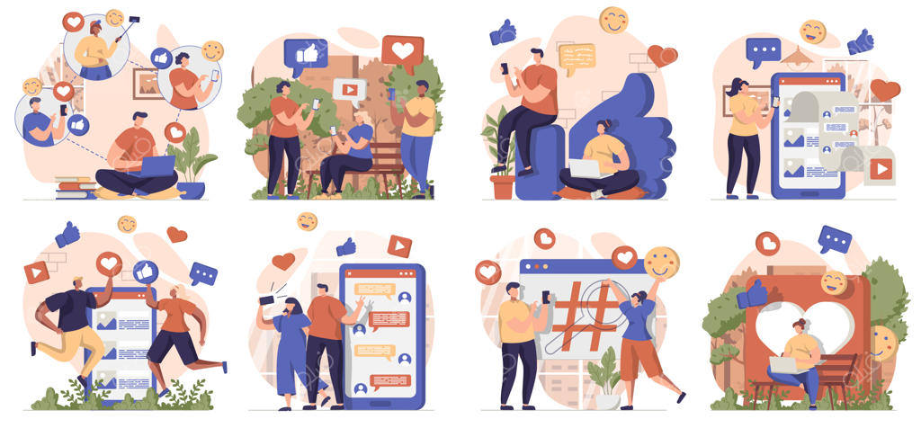 مجموعه‌ای از صحنه‌ها در شبکه‌های اجتماعی: افراد در حال جستجو و گفتگو آنلاین در اپلیکیشن‌ها