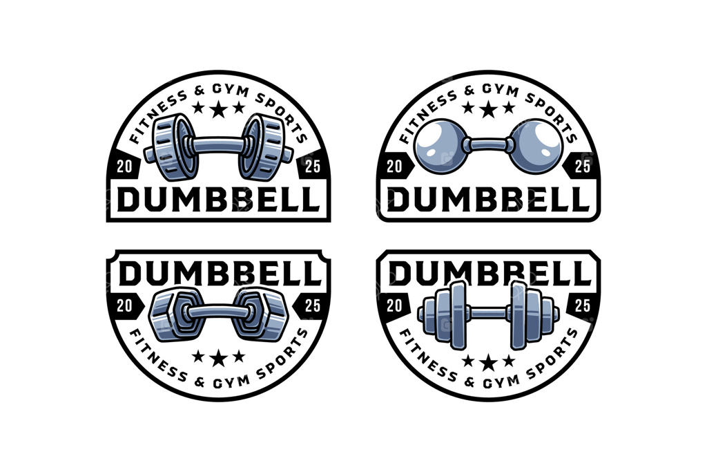 مجموعه طراحی رنگارنگ دمبل: مجموعه‌ای از لوگوها و نشان‌های دمبل. تجهیزات تناسب اندام، بدنسازی، تمرین و وزنه‌برداری.