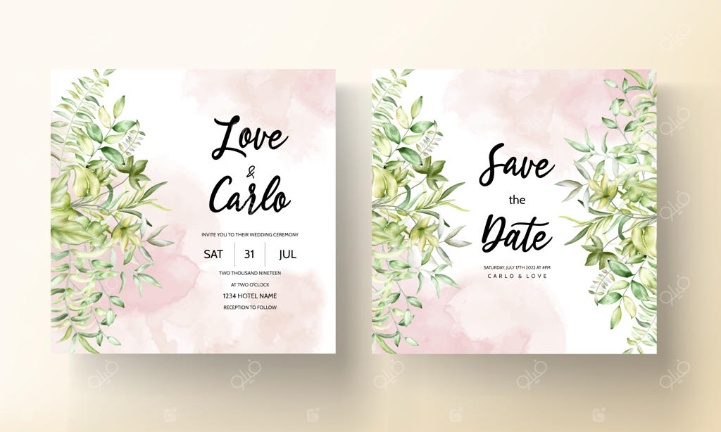 کارت دعوت عروسی با طراحی شیک از برگ‌های آبرنگی