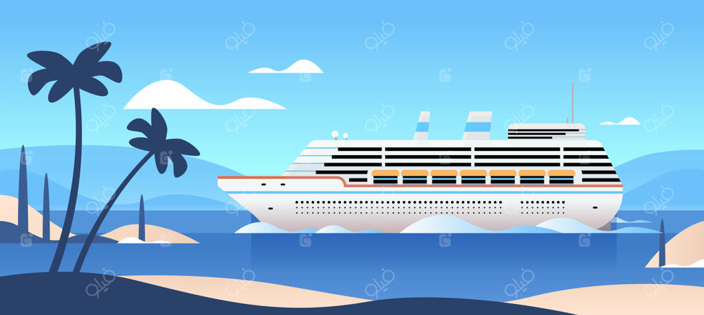 مفهوم سفر تابستانی با کشتی سفید در اقیانوس یا دریا، منظره‌ای از دریا و آسمان