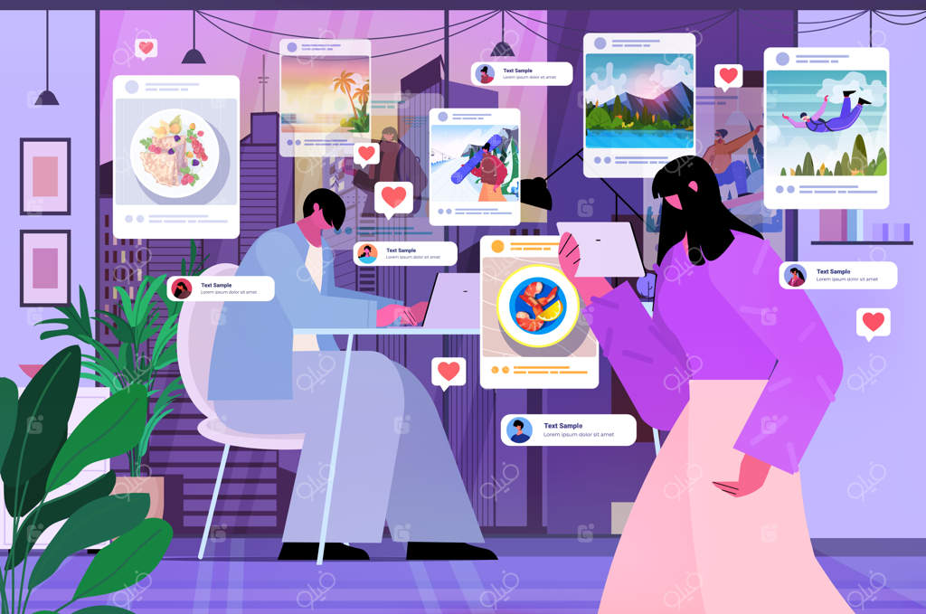 بلاگرها در حال اشتراک گذاری و مشاهده عکس‌ها در شبکه‌های اجتماعی: زوجی که برای دنبال‌کنندگان پست می‌گذارند - اعتیاد به رسانه‌های اجتماعی