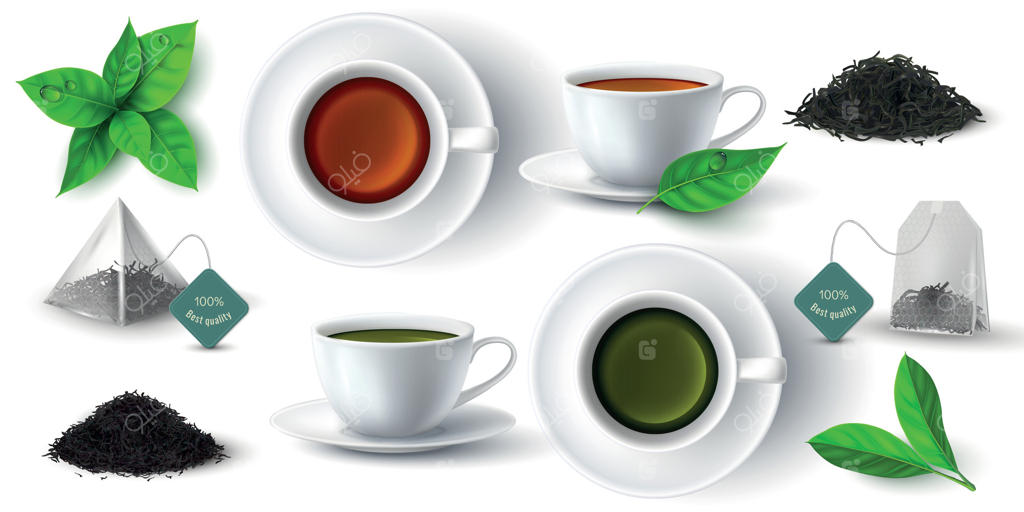 فنجان سه‌بعدی واقعی با چای سبز و سیاه، برگ‌ها و چای کیسه‌ای هرمی. فنجان‌ها با نمای جانبی و بالا از نوشیدنی گرم. مجموعه وکتور توده‌های چای گیاهی خشک