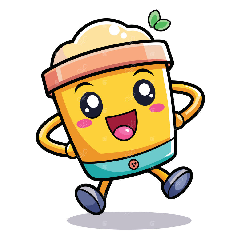 شخصیت کارتونی فنجان قهوه در حال دویدن روی پس‌زمینه سفید