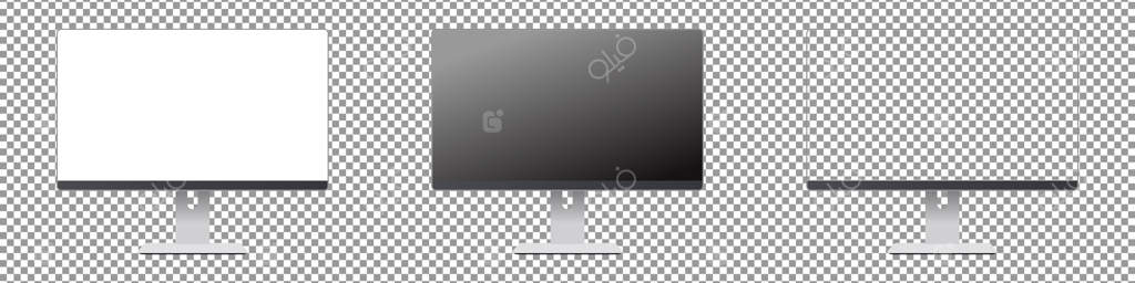 مجموعه واقعی کامپیوتر رومیزی: کامپیوتر رومیزی با صفحه نمایش خالی بر روی پس‌زمینه شفاف. تصویرسازی واقع‌گرایانه.
