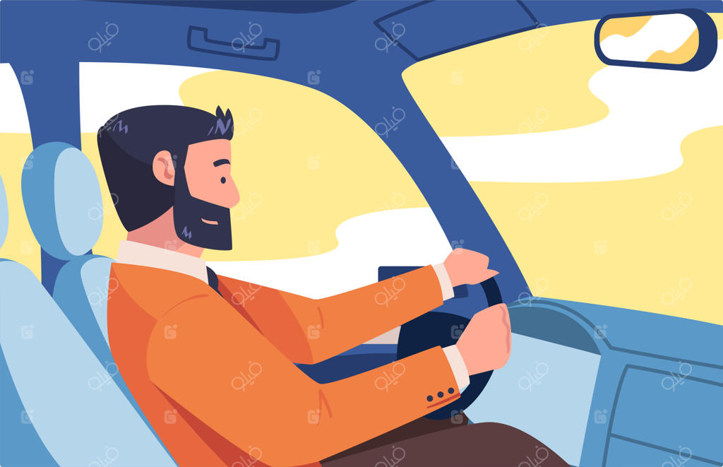 تصویرسازی وکتور کاراکتر مرد ریش‌دار در حال رانندگی روی صندلی راننده داخل خودرو