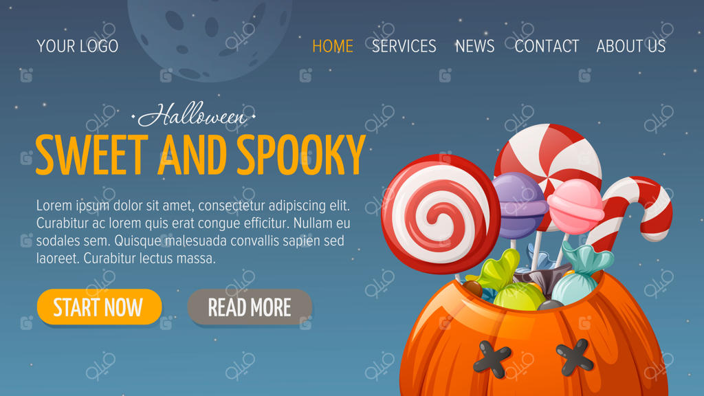 کدو بامزه پر از شیرینی، آب‌نبات و لالی‌پاپ - هالووین شاد - قالب افقی برای وب‌سایت