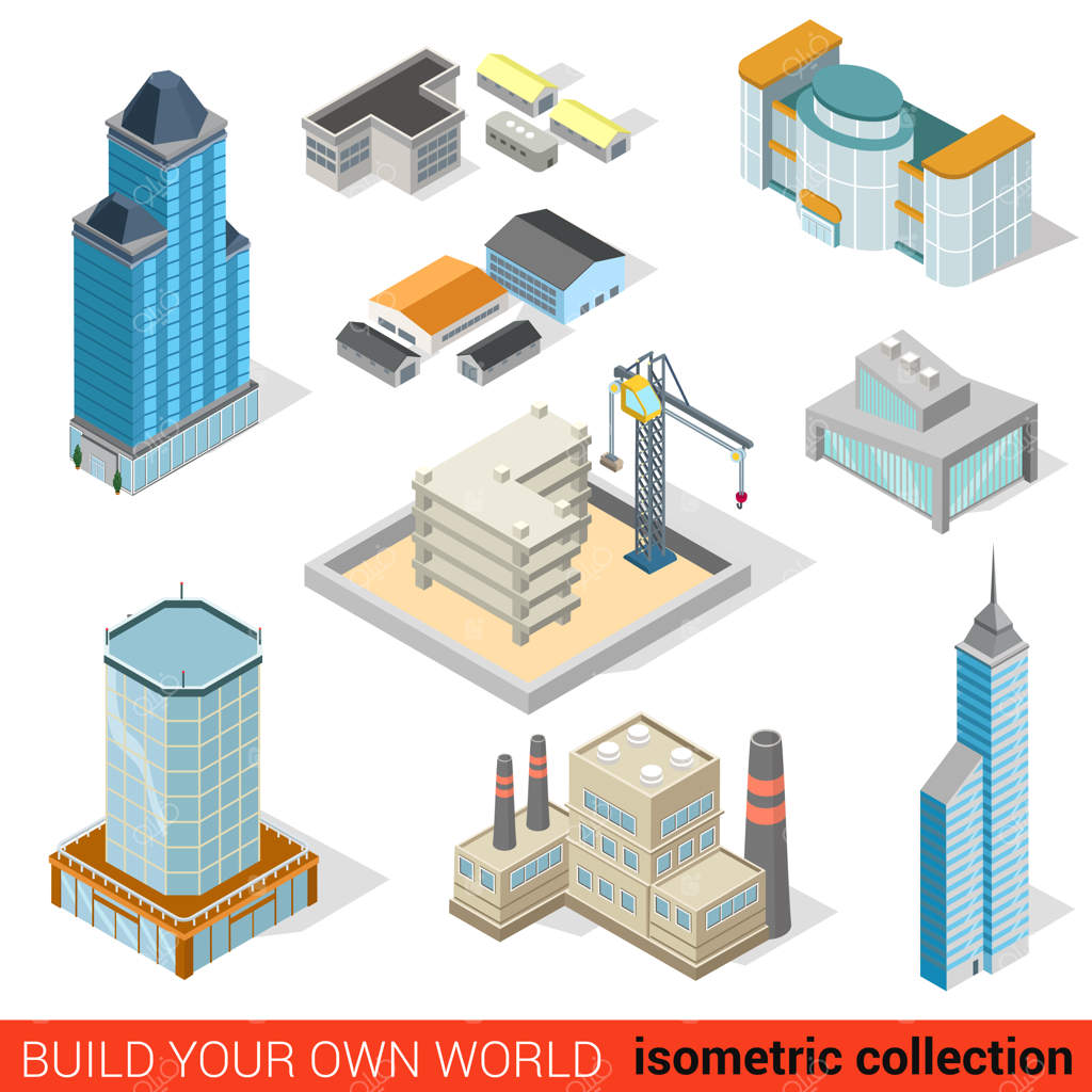 مجموعه اینفوگرافیک ساخت بلوک شهری: برج‌ها، مرکز خرید، نیروگاه، انبار و خانه‌های عمومی. دنیای اینفوگرافیک خود را بسازید.