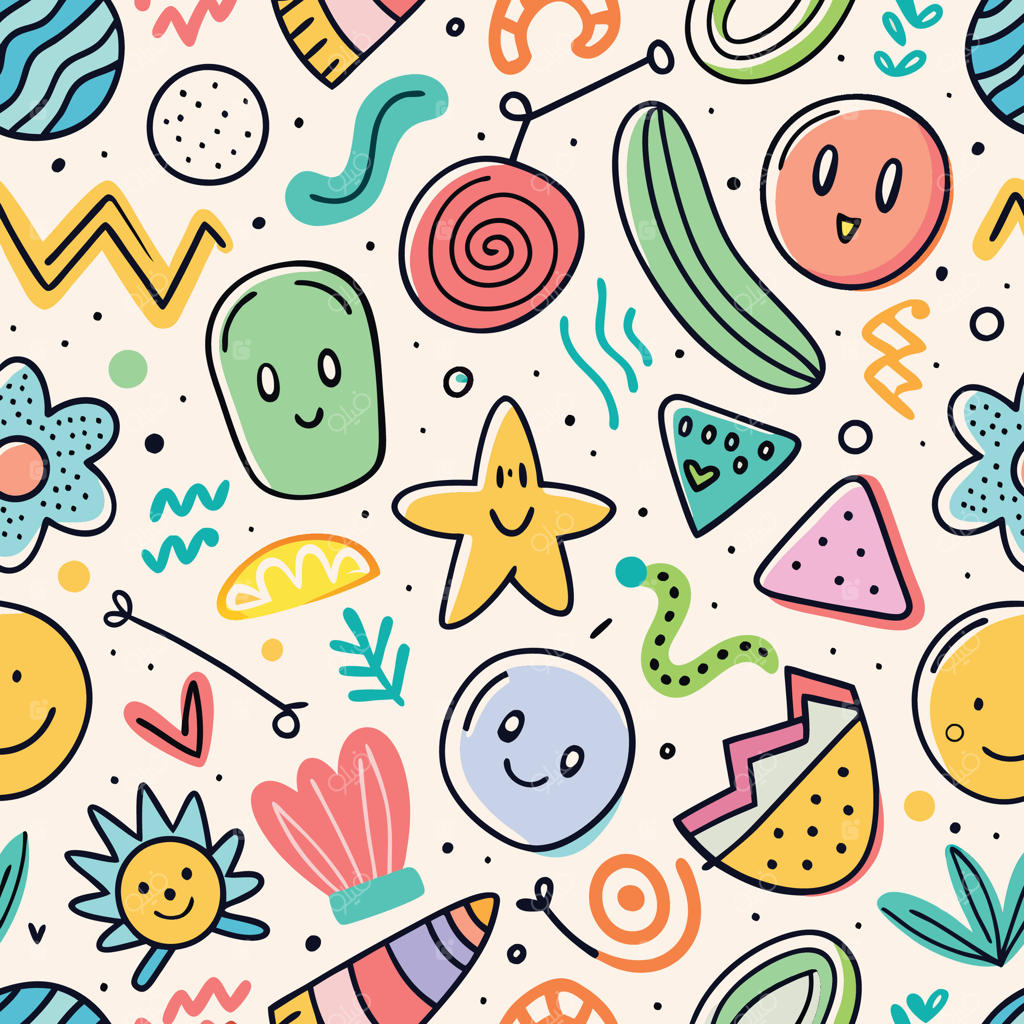 الگوی بدون درز با اشیاء و شخصیت‌های رنگارنگ