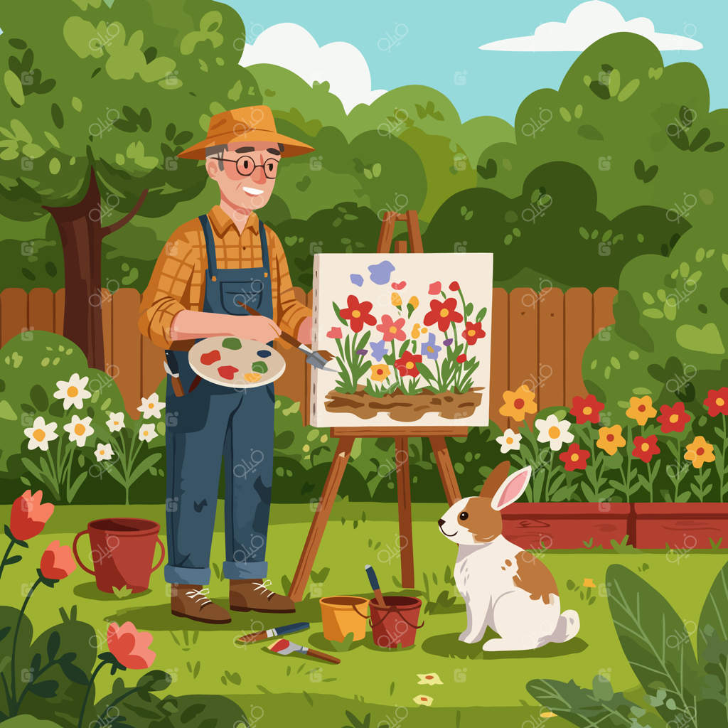 مرد مسن در حال نقاشی گل‌ها در باغ با لذتی که خرگوش از هنر می‌برد