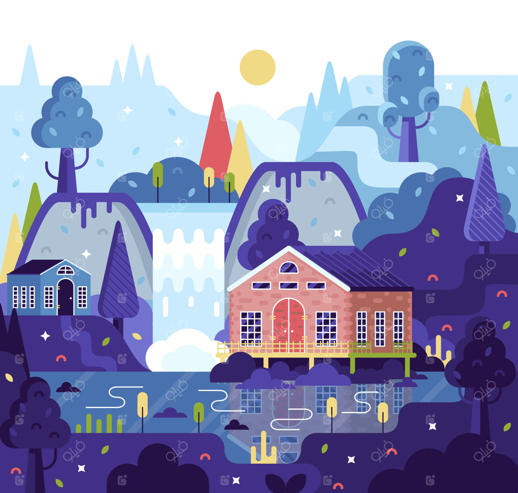 تصویر کارتونی وکتور: خانه خانوادگی حومه شهر به سبک کارتونی ساده