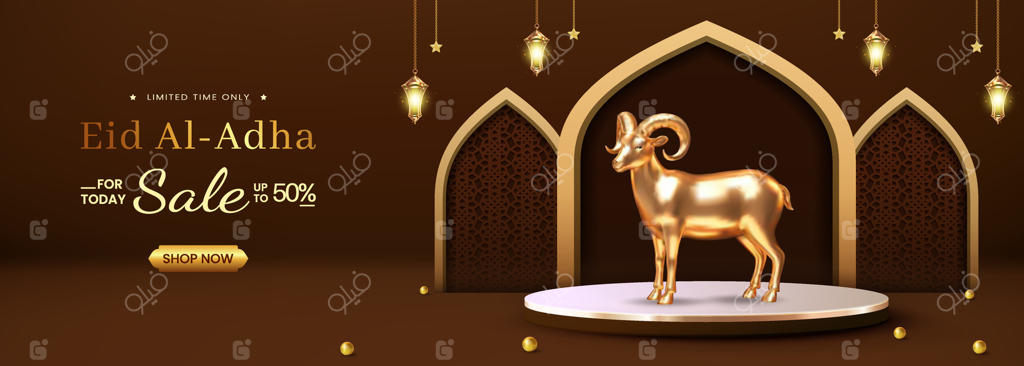 بنر فروش ویژه عید قربان با تزیینات بز طلایی و فانوس
