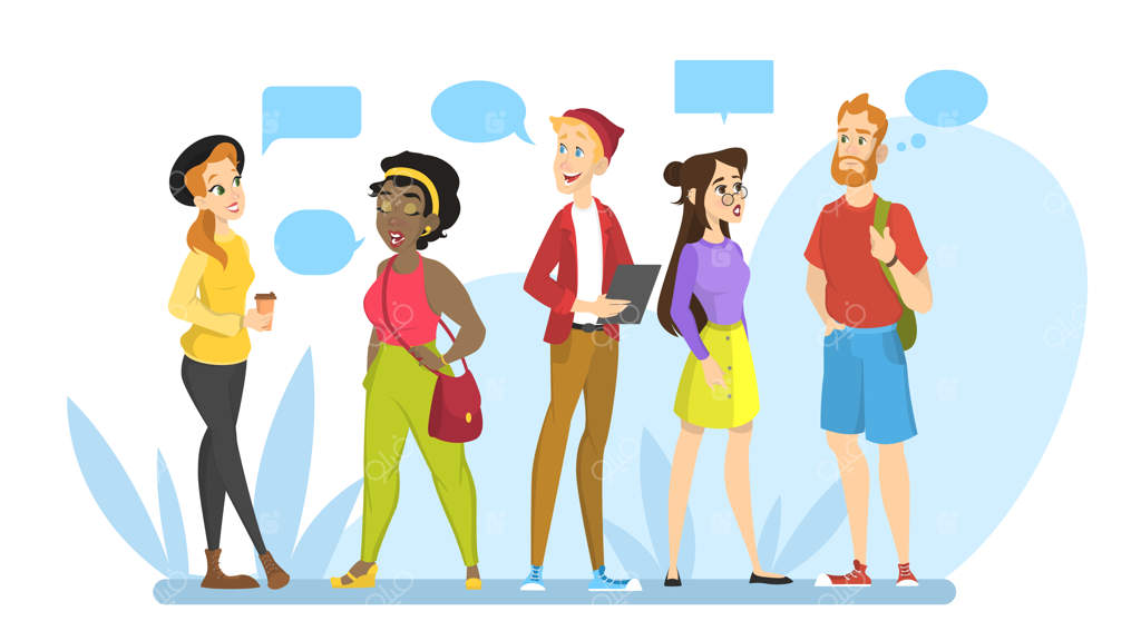 گفتگو میان افراد در یک جمع گروهی: ایده‌ی ارتباط و مکالمه. پیام در حباب گفتار. گپ زدن با دوستان. تصویرسازی به سبک کارتونی