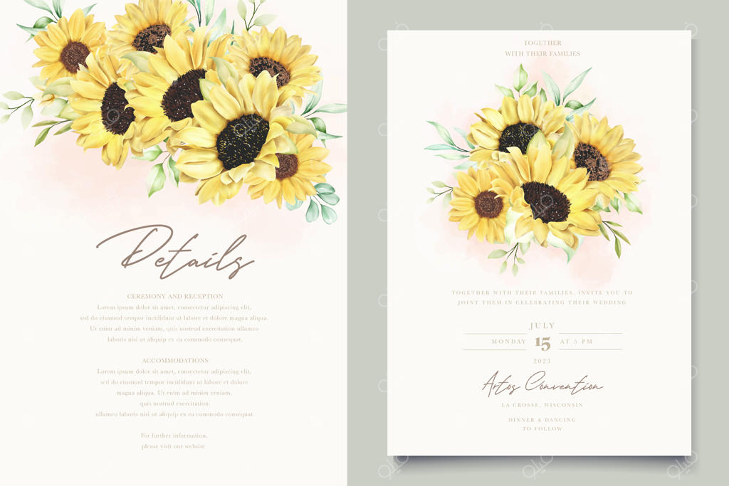 مجموعه کارت دعوت عروسی با طرح گل آفتابگردان آبرنگی