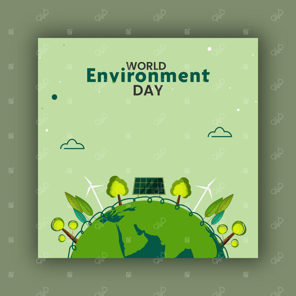 پوست روز جهانی محیط زیست با تصویر درخت، پنل خورشیدی و آسیاب بادی بر روی سیاره زمین برای انرژی تجدیدپذیر و آینده سبز.