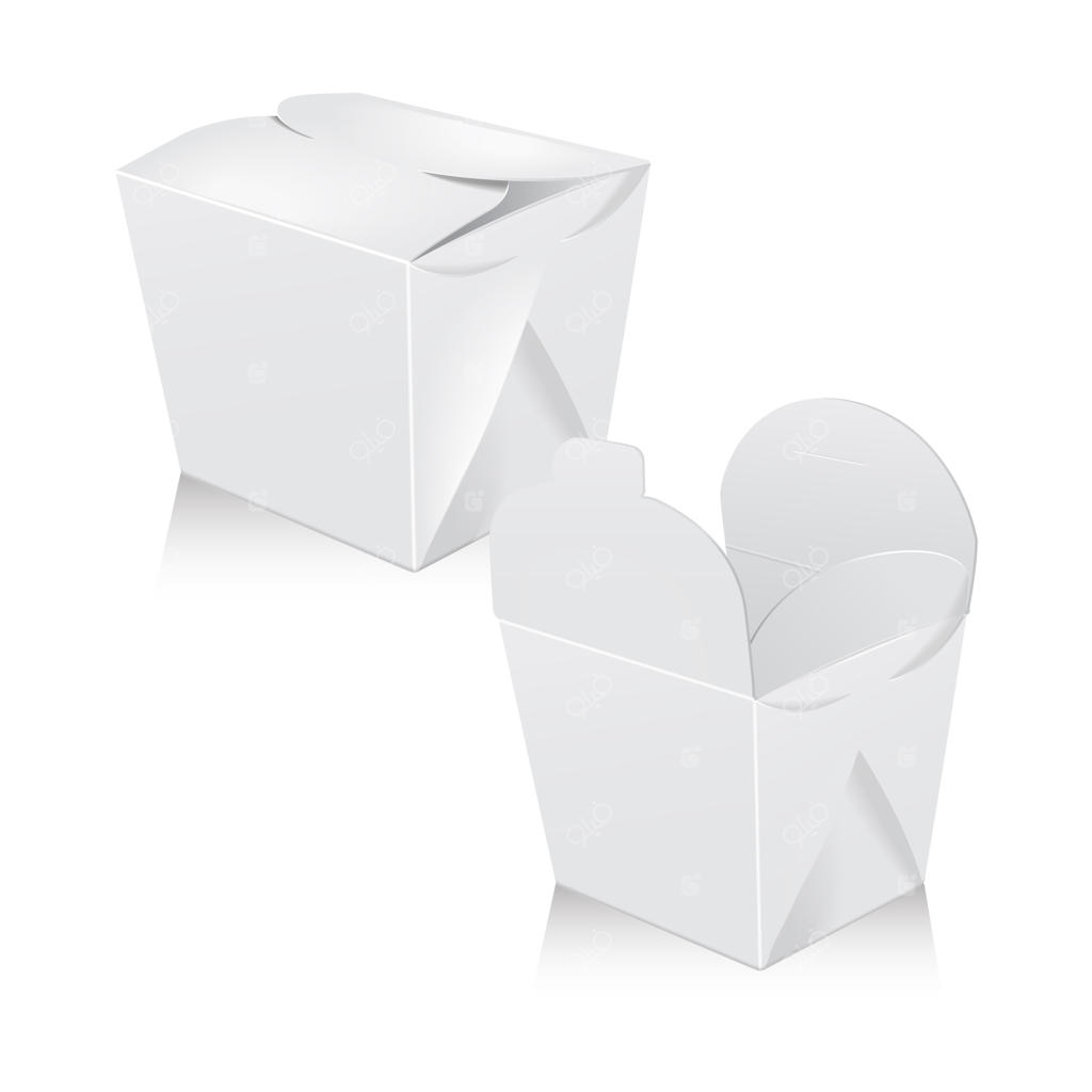 مجموعه‌ای از جعبه‌های سفید خالی برای بسته‌بندی غذای آسیایی یا چینی در جعبه کارتنی