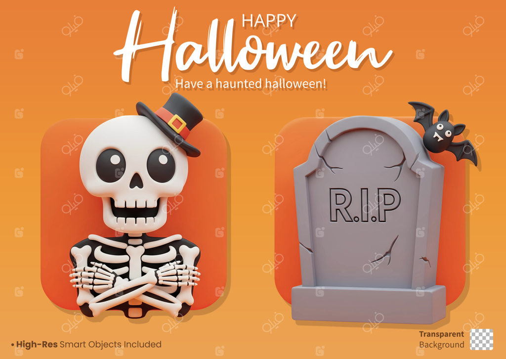 مجموعه آیکون‌های سه بعدی و کارتونی هالووین و قالب هالووین مبارک