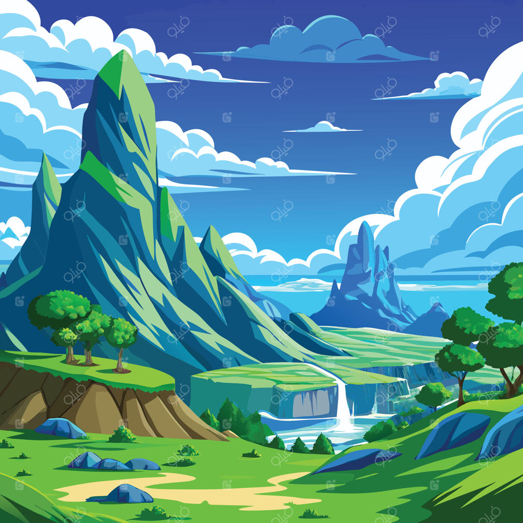 منظره کارتونی با کوه‌ها، درختان و آبشارها