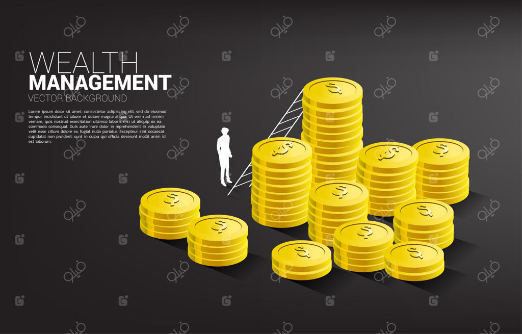 تصویر سایه‌واره تاجر ایستاده با پشته‌ای از سکه و نردبان: مفهوم موفقیت در سرمایه‌گذاری و رشد در کسب‌وکار