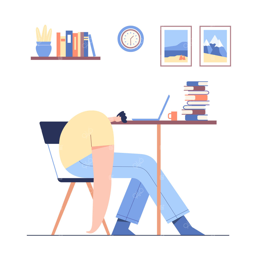 مردی که روی میز خوابیده است. شخصیت امروزی و خسته مشغول کار با لپ‌تاپ. دانشجویی که برای امتحان مطالعه و آمادگی می‌کند.