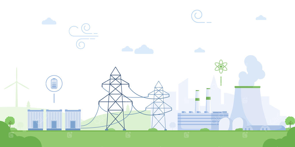 توزیع شبکه برق با سیم‌کشی از نیروگاه. خطوط انتقال انرژی با برج‌ها، ژنراتور و تصویرسازی نیروگاه اتمی. راکتور هسته‌ای با زیرساخت.