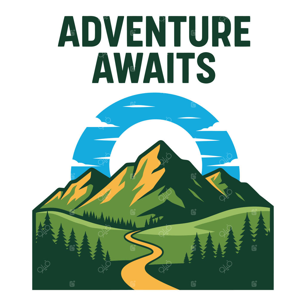 طراحی تی‌شرت ماجراجویی کوهنوردی: منظره کوهستان با درختان و جاده طبیعت کوهستانی