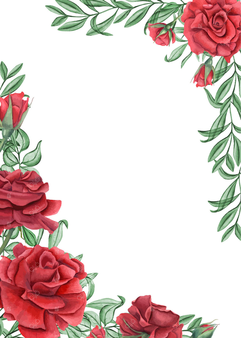گل‌های رز قرمز، برگ‌های انتزاعی با آبرنگ در قاب مستطیلی عمودی. گل‌های رز یاقوتی عمیق در باغ تابستانی با اکالیپتوس. فضای خالی برای متن. قالبی برای دعوت‌نامه‌ها و کارت‌های تبریک