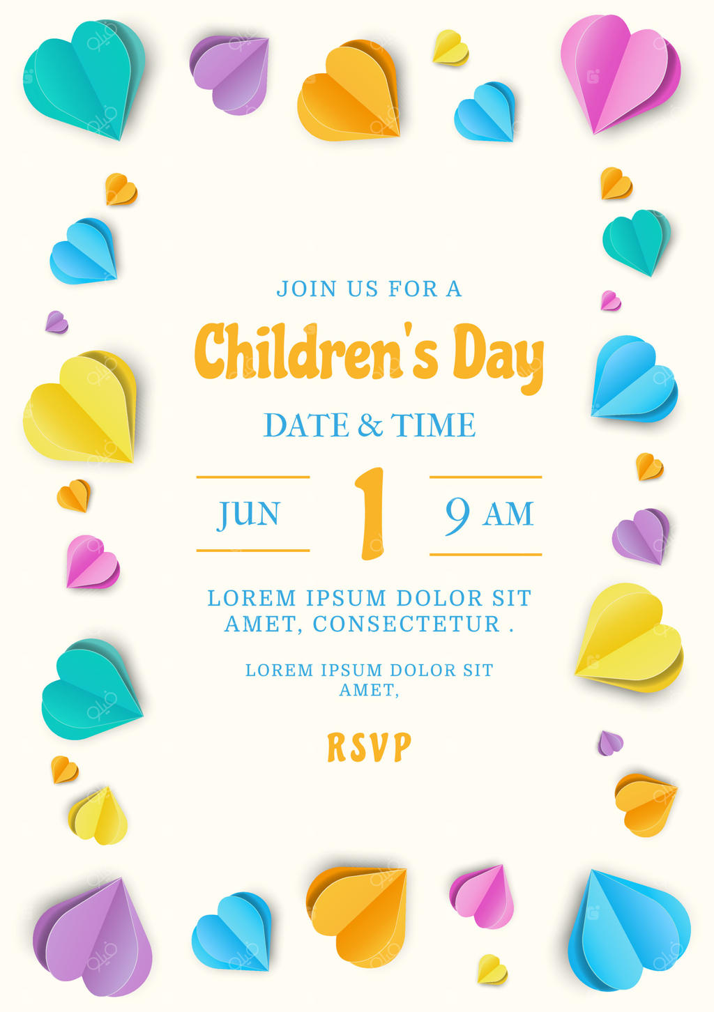 دعوت‌نامه روز کودک یا تولد با قلب‌های سه‌بعدی کاغذی و رنگارنگ و جای متن. طراحی پوستر یا کارت تبریک تولد بچه‌ها. پس‌زمینه شاد و جذاب برای روز کودک.