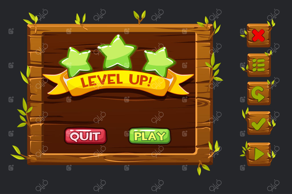 کیت رابط کاربری بازی: قالب منوی چوبی برای رابط کاربری گرافیکی و دکمه‌ها جهت ساخت بازی‌ها.