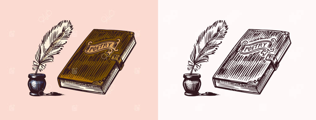 کتاب و قلم مرکب قدیمی برای تی‌شرت و نشان‌نویسی فروشگاه عتیقه‌جات و کتاب‌های درسی قدیمی