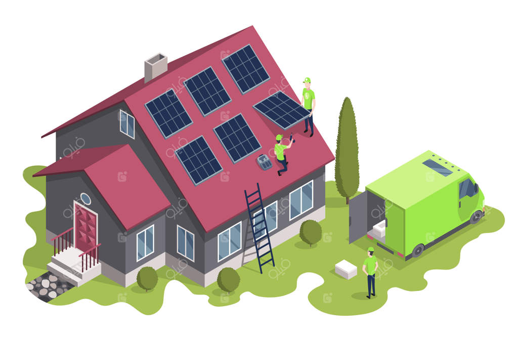 تیم نصب سلول‌های خورشیدی در حال کار بر روی نصب سیستم‌های خورشیدی روی پشت‌بام خانه هوشمند: یک مفهوم برای حفظ انرژی و استفاده از انرژی رایگان