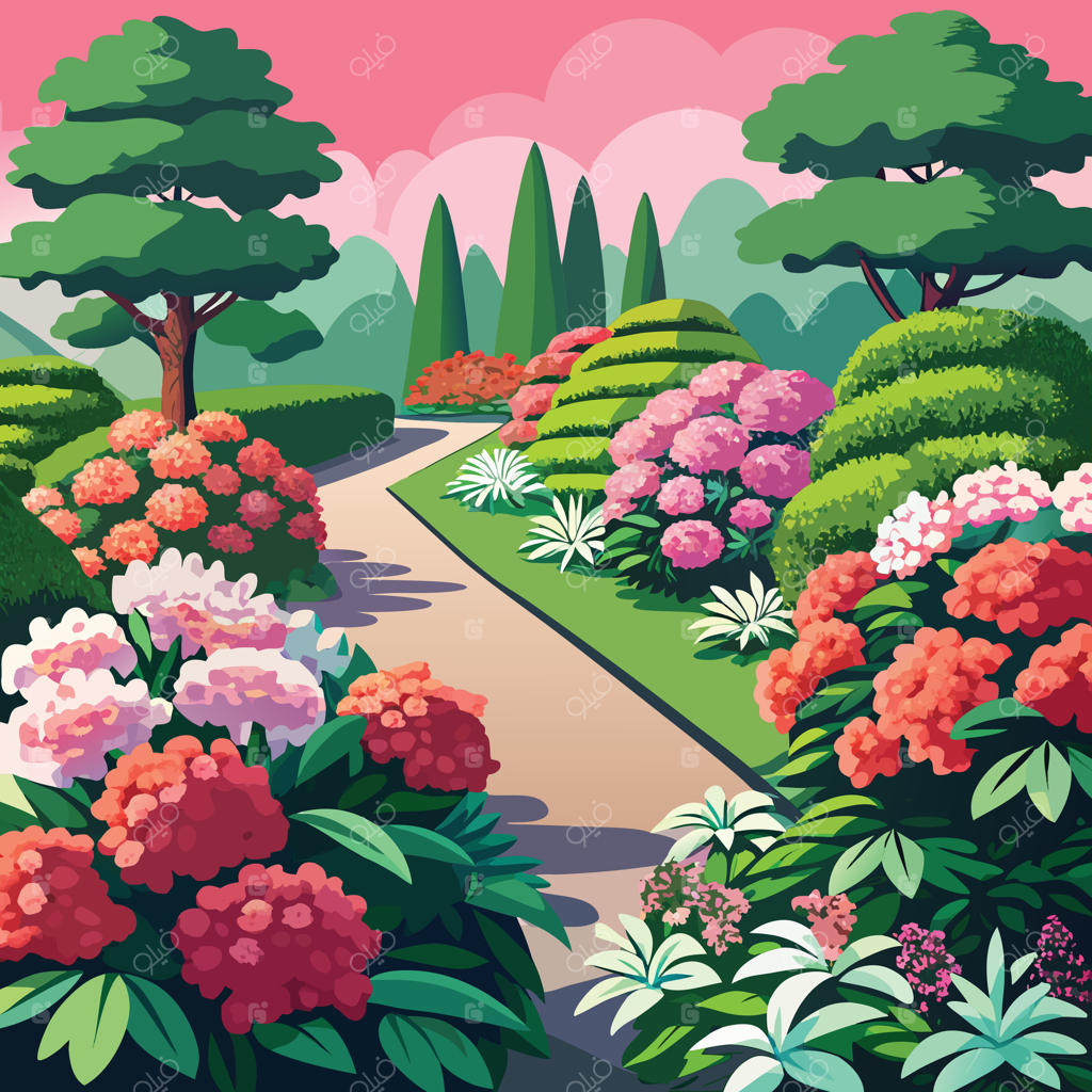 تصویری از یک باغ با مسیری پوشیده از گل‌ها