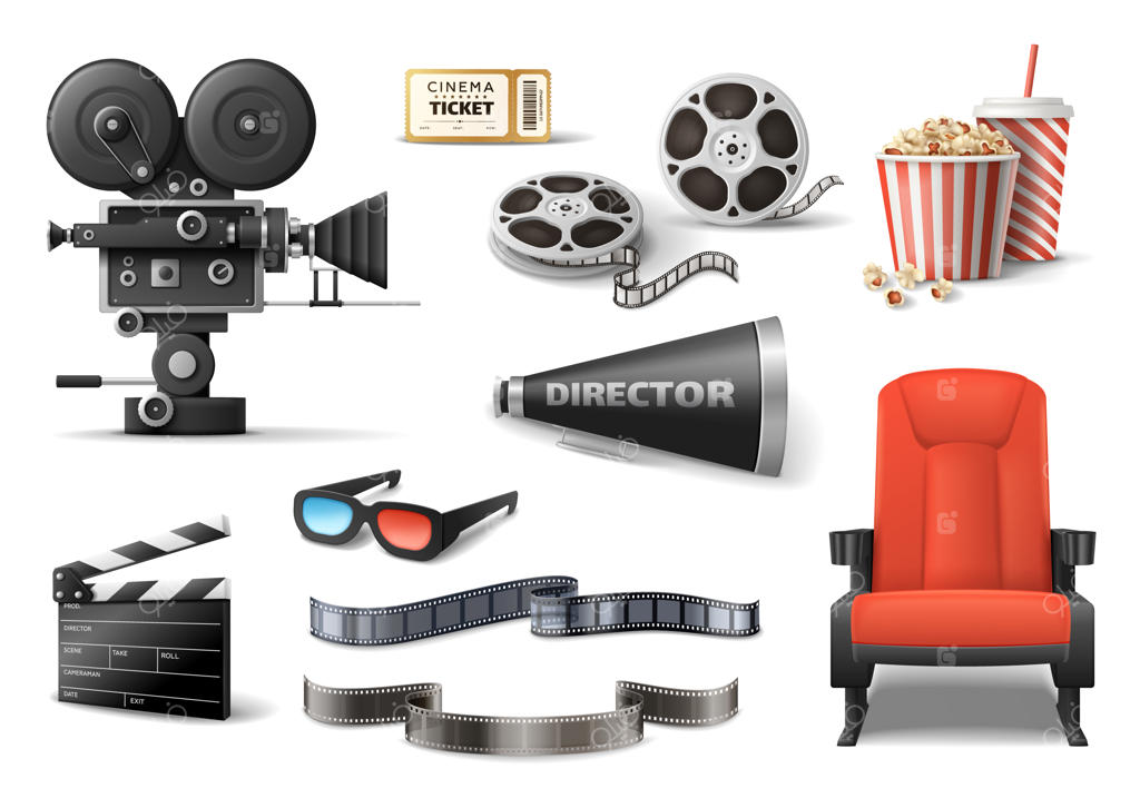 ست فیلم سینما با آیکون‌های جداگانه از دوربین، کلاپر، عینک و صندلی با پاپ کورن - تصویر وکتور