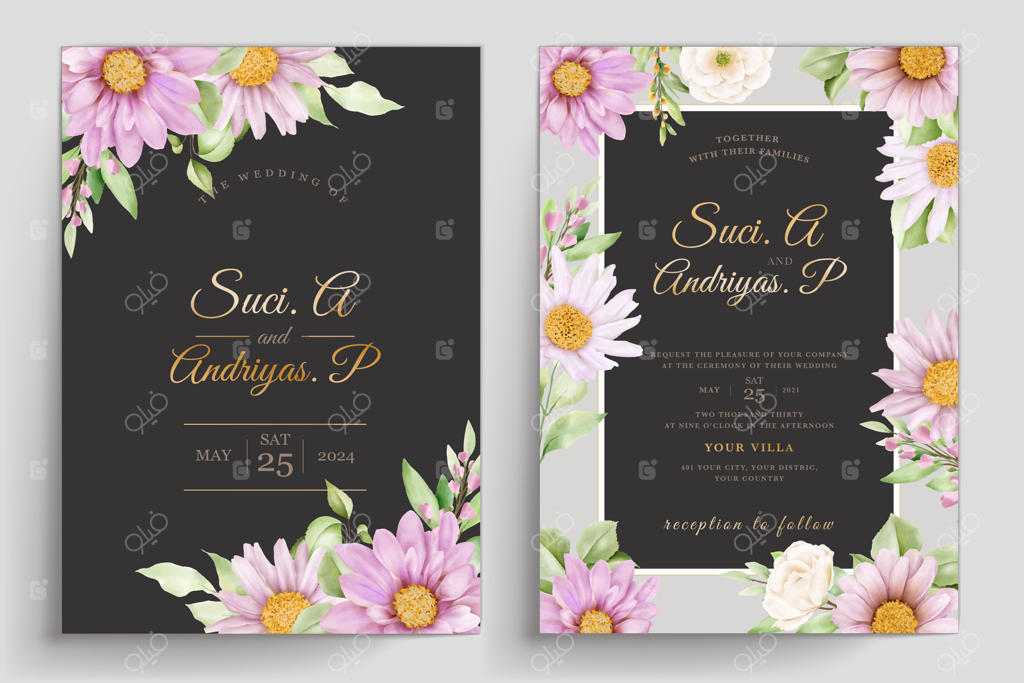 ست کارت دعوت عروسی با طرح آبرنگی گل داودی