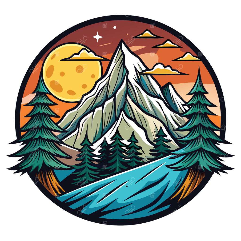 منظره قله کوه و درختان کاج با ماه در آسمان نارنجی