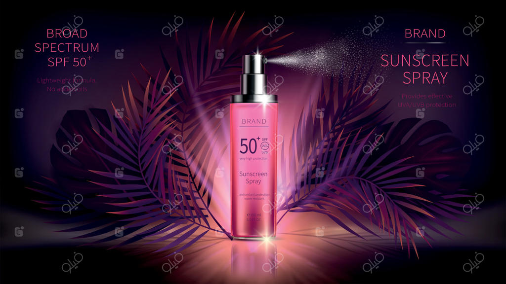 پوستر تبلیغاتی واقع‌گرایانه محصولات ضد آفتاب؛ بطری اسپری صورتی حاوی ضد آفتاب، برگ‌های نخل و انجیری استوایی روشن در پس‌زمینه غروب بنفش، لوازم آرایشی SPF، موکاپ مجله
