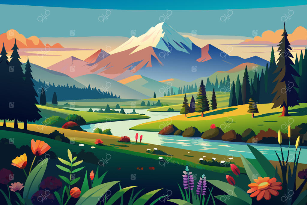 تصویری رنگارنگ از منظره کوهستانی با رودخانه و گل‌ها