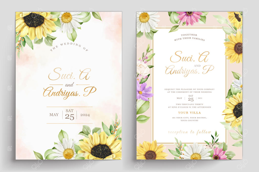 ست کارت دعوت عروسی با طراحی گل مینا و گل آفتابگردان شیک