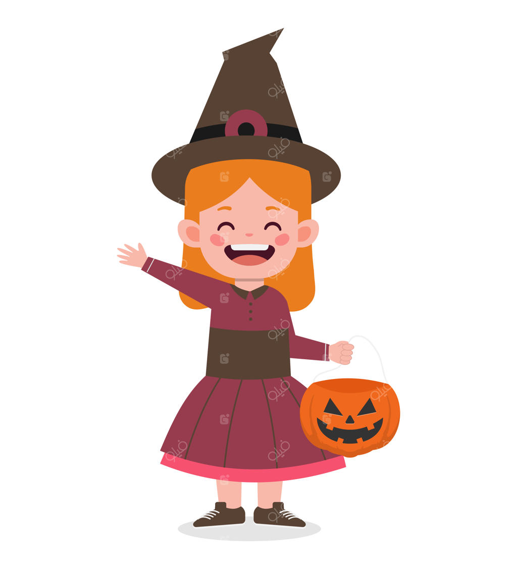 تصویر دختربچه بامزه با لباس جادوگر برای جشن هالووین