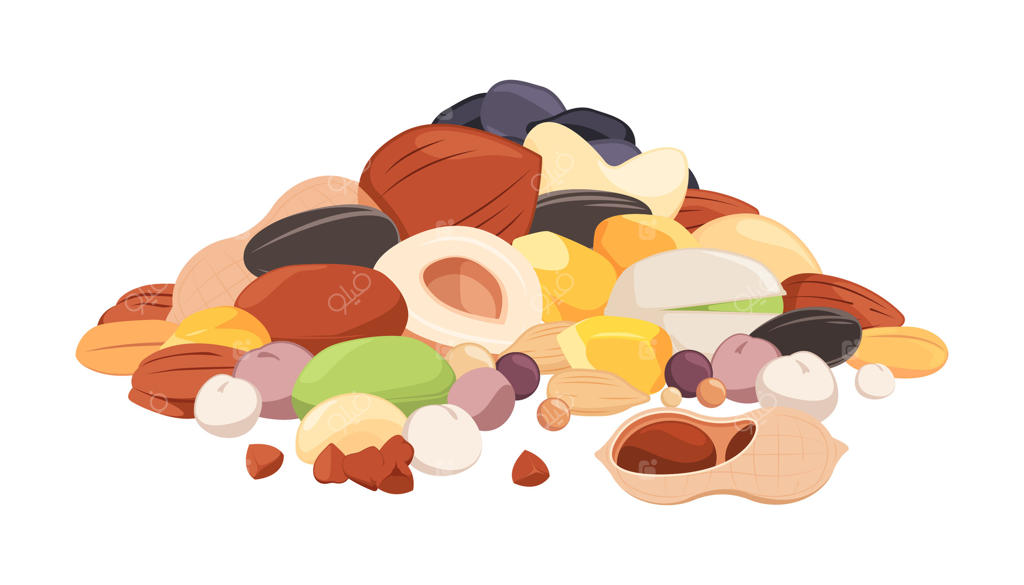 انبوهی از دانه‌ها: ترکیبی کارتونی از دانه‌های خام سبز باغ، برداشت طبیعی و ارگانیک برای غذای گیاهی و وگان. تصویرسازی وکتور